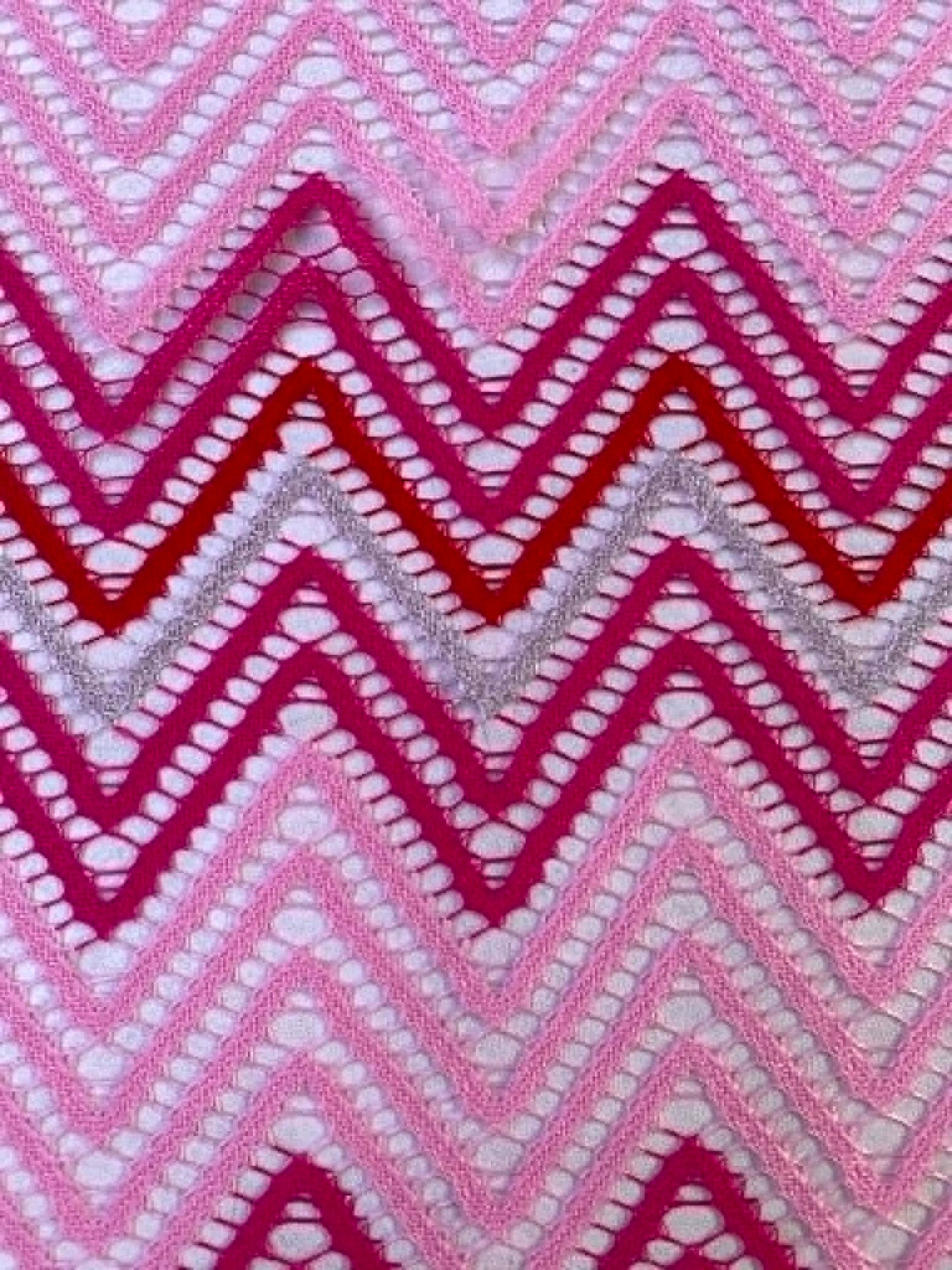 Missoni Inspired Zigzag Knit Lace Fabric - 57" Wide - Pink, Red & Silver Metallic Chevron Stretch - £2.99/m