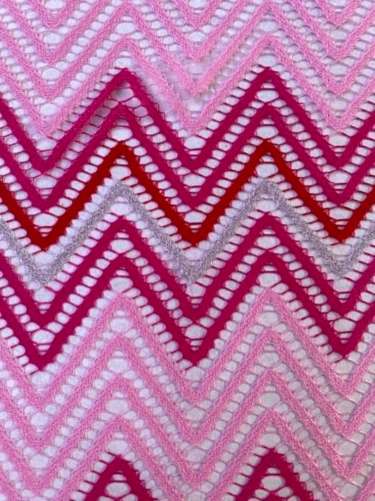 Missoni Inspired Zigzag Knit Lace Fabric - 57" Wide - Pink, Red & Silver Metallic Chevron Stretch - £2.99/m