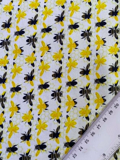 White Honeycomb & Bumblebee 100% Cotton Fabric - Bee Garden - 44" Wide By The Metre
