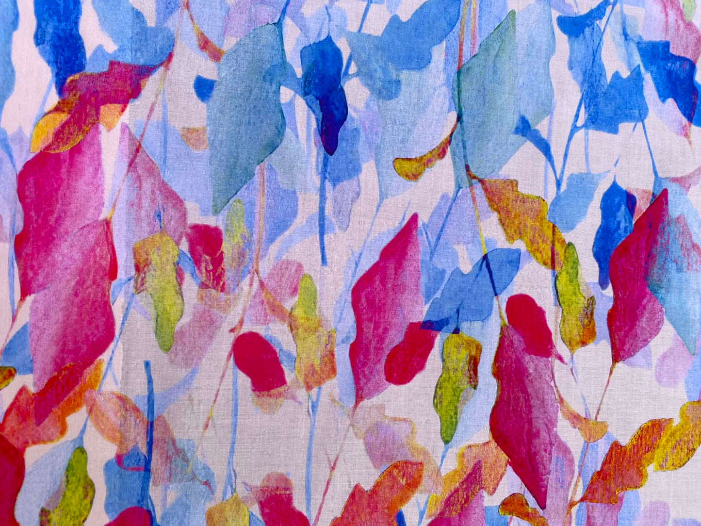 Fuchsia Pink & Blue Watercolor Botanical Leaf 100% Cotton Lawn Fabric - Premium Dressmaking Fabric - Extra Wide 57" By The Metre
