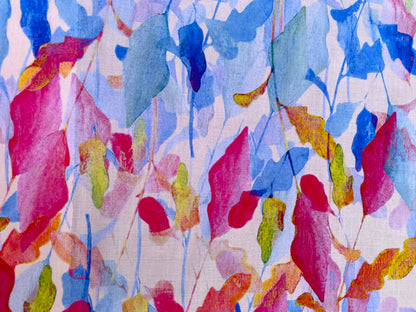 Fuchsia Pink & Blue Watercolor Botanical Leaf 100% Cotton Lawn Fabric - Premium Dressmaking Fabric - Extra Wide 57" By The Metre