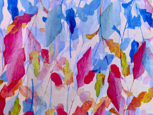 Fuchsia Pink & Blue Watercolor Botanical Leaf 100% Cotton Lawn Fabric - Premium Dressmaking Fabric - Extra Wide 57" By The Metre