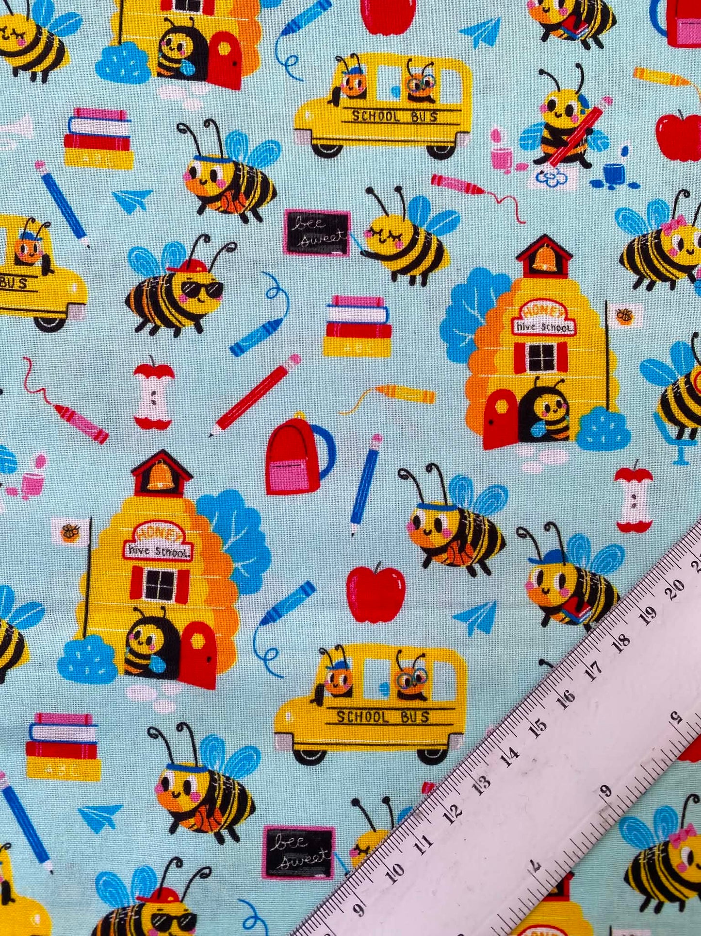 Mint Busy Bees School Bus 100% Cotton Fabric - Back to School Novelty Kids - 44" Wide By The Metre