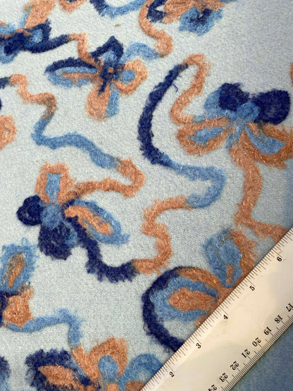 Embroidered Washable Wool - Baby Blue/Peach/Navy - 56"Wide - Sold By The Metre