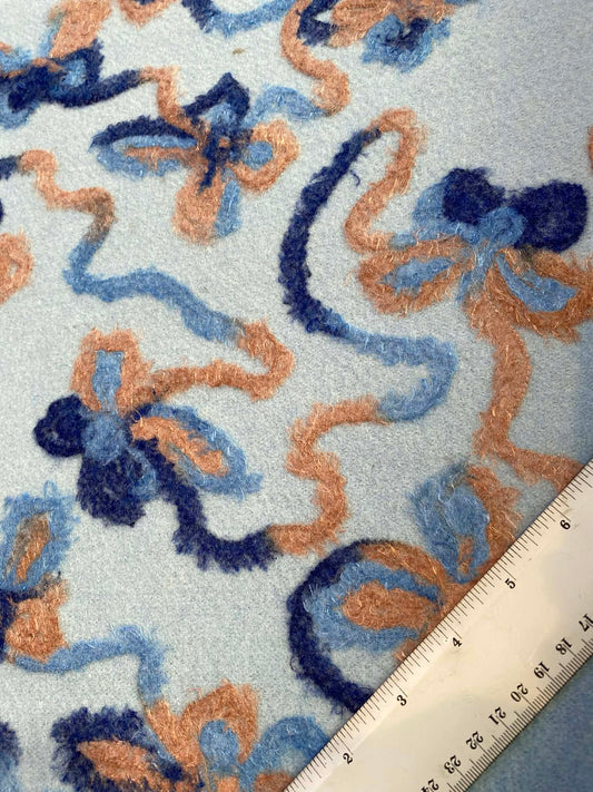 Embroidered Washable Wool - Baby Blue/Peach/Navy - 56"Wide - Sold By The Metre