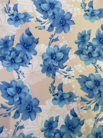 Floral Cotton Sateen Fabric - Blue/Putty/White - 58" Wide - Luxury Dressmaking Material - £3.99/m