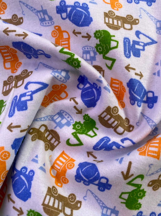 CLEARANCE - Construction Trucks Printed Brushed Cotton Fabric – White / Multi – 42" (106cm) Wide