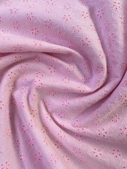 Soft Pink Floral Broderie Anglaise 100% Cotton Fabric - Embroidered Eyelet Cotton Lawn - 58" Wide By The Metre
