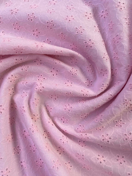 Soft Pink Floral Broderie Anglaise 100% Cotton Fabric - Embroidered Eyelet Cotton Lawn - 58" Wide By The Metre