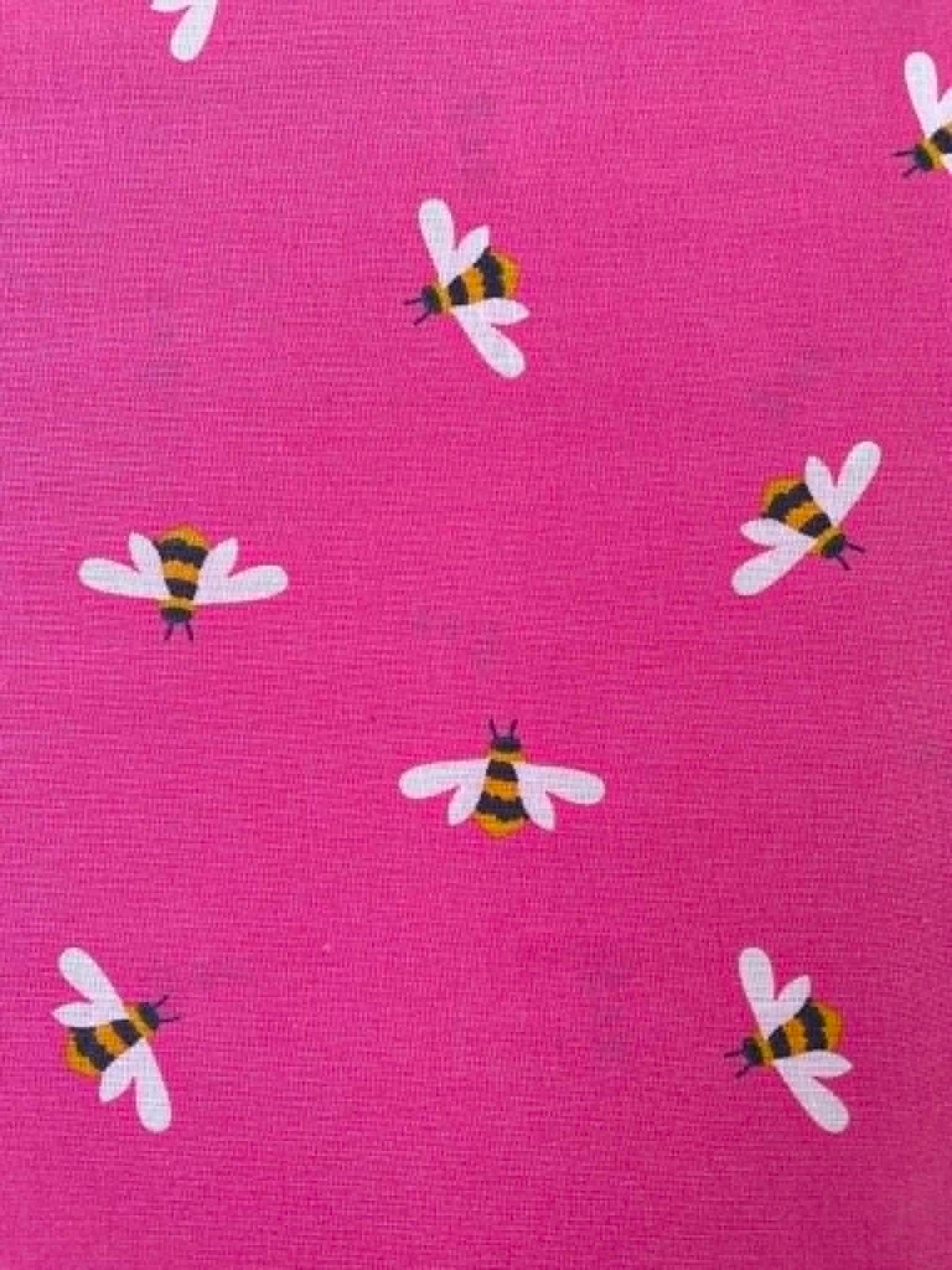 Bright Magenta Pink Illustrated Bumblebee 100% Cotton Fabric - 44" Wide By The Metre