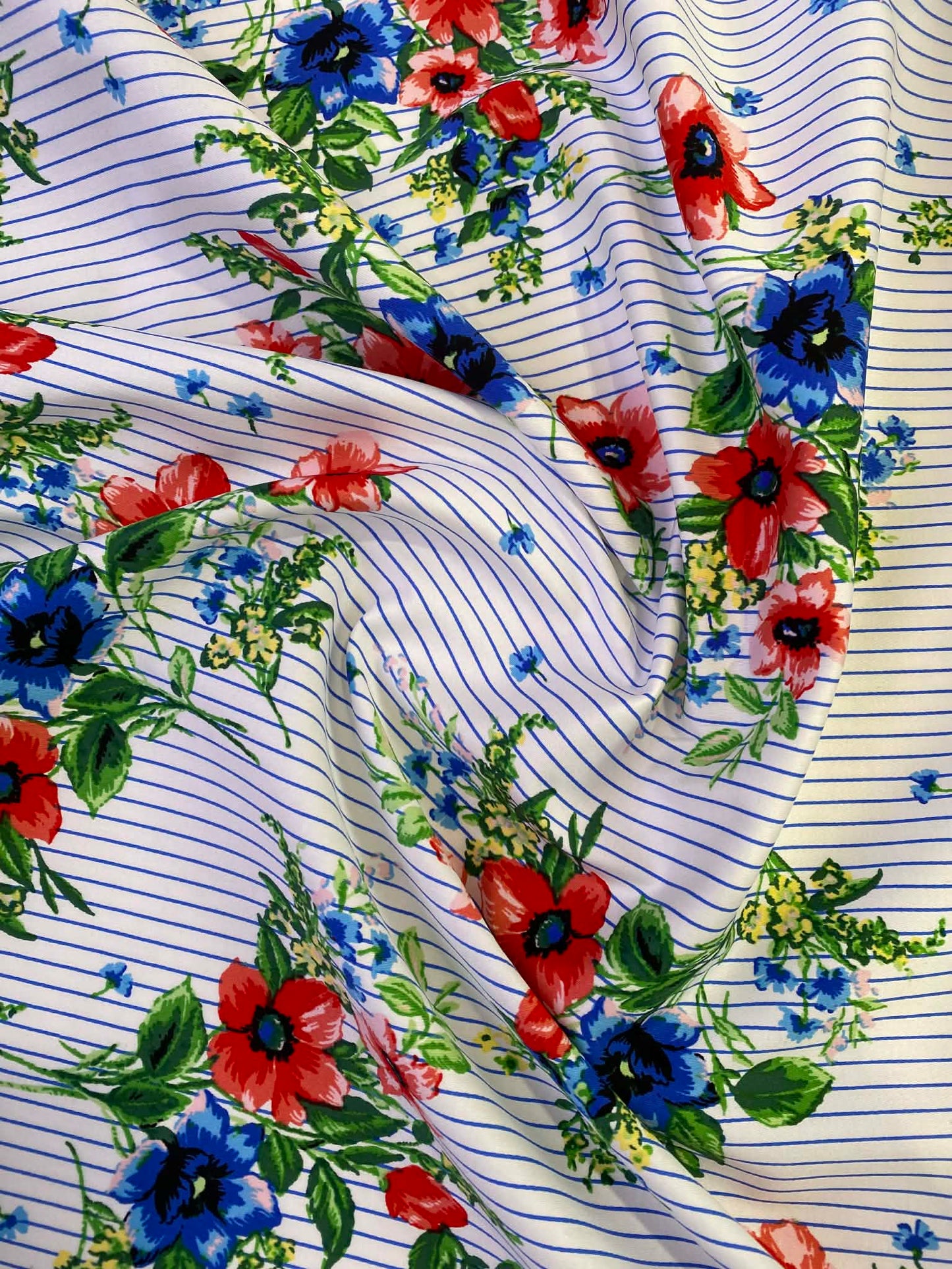 Floral Cotton Sateen Fabric - Blue/Red/White/Green - 58" Wide - Luxury Dressmaking Material - £3.99/m
