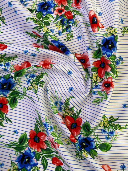 Floral Cotton Sateen Fabric - Blue/Red/White/Green - 58" Wide - Luxury Dressmaking Material - £3.99/m