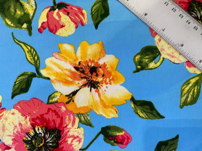 Floral Cotton Sateen Fabric - Blue/Yellow/Pink/Green - 58" Wide - Luxury Dressmaking Material - £3.99/m