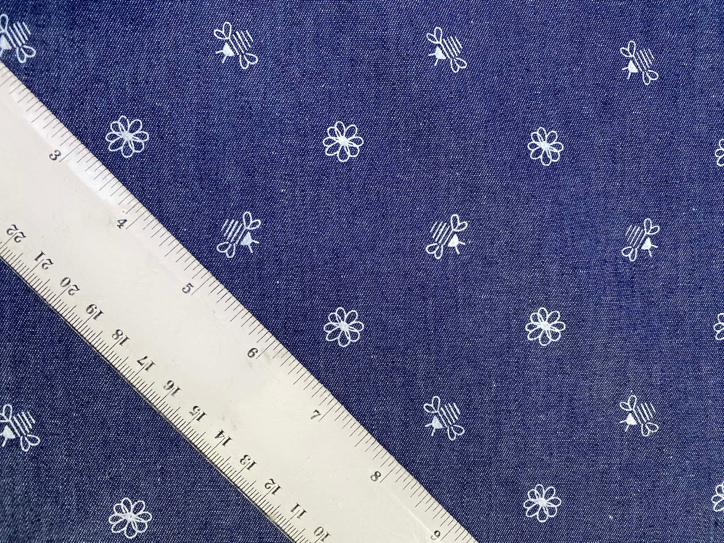 100% Cotton Denim/Chambray - Blue/White - Bees - 58"Wide - Sold By The Metre