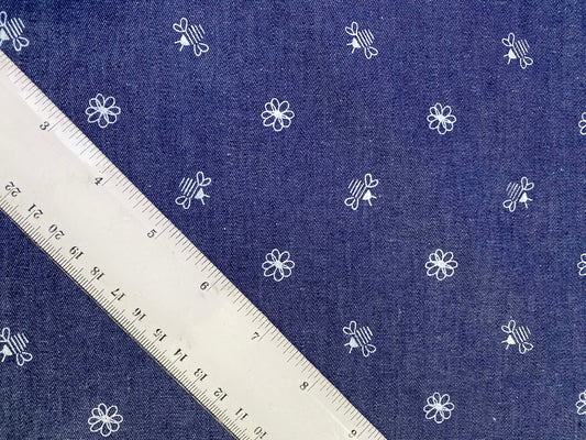 100% Cotton Denim/Chambray - Blue/White - Bees - 58"Wide - Sold By The Metre