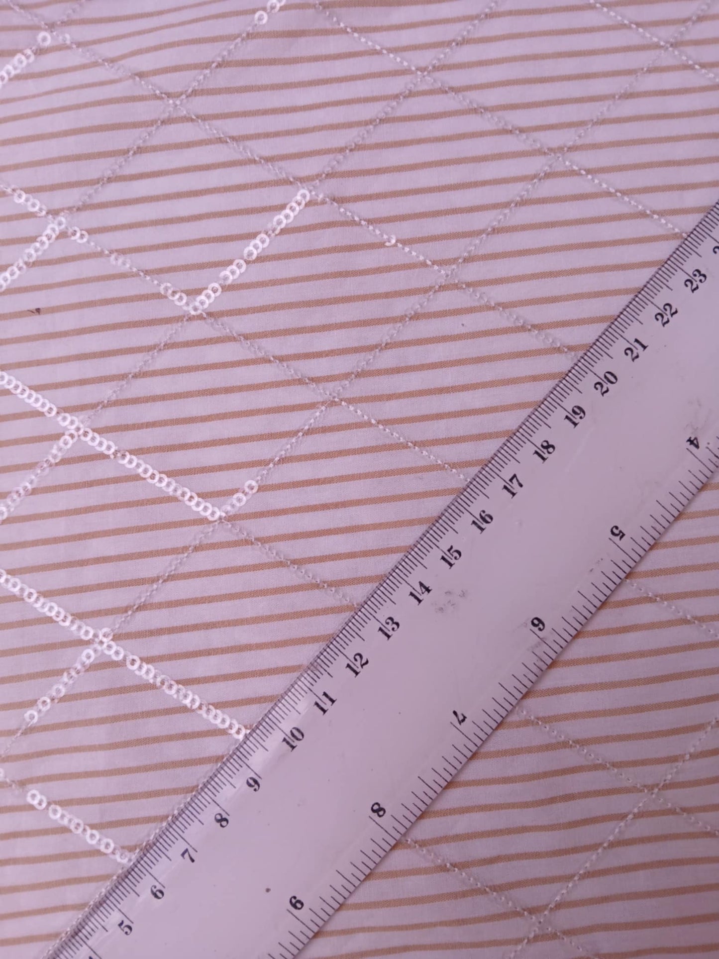 River Island - Poly Cotton w/ Sequins 40/60 - Stripe - Beige/White - 57" Wide - Sold By The Metre