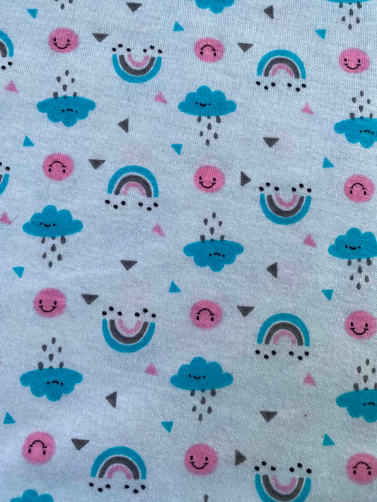 CLEARANCE - Pastel Rainbow & Rainclouds Cotton Jersey Fabric – Light Blue – 58" (147cm) Wide