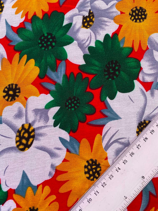 Retro 70s Floral Daisy 100% Viscose Fabric - Red Green & Orange Dressmaking Fabric - Extra Wide 57" By The Metre