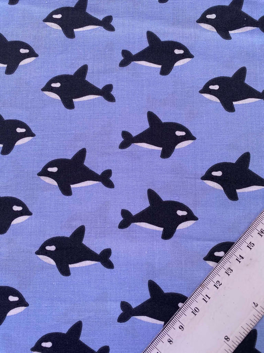 Periwinkle Blue Orca Killer Whale 100% Cotton Fabric - Marine Ocean Life - 44" Wide By The Metre