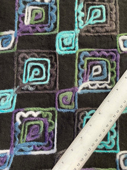 Embroidered Washable Wool - Black/Grey/Purple/Turquoise - 59"Wide - Sold By The Metre