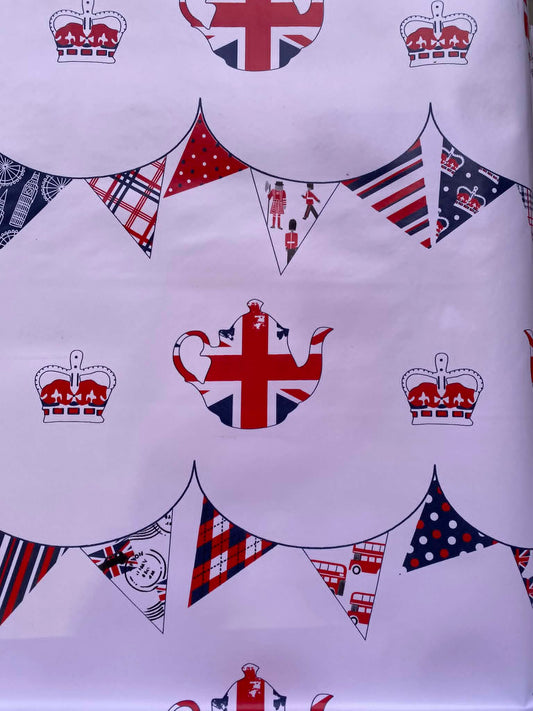 Royal Jubilee Style PU Table Covering - Union Jacks, Crowns & Teapots - 55" Wide - Wipe Clean - £1.99/m