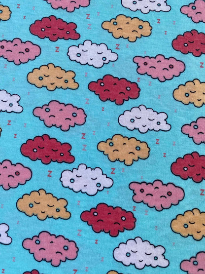 CLEARANCE - Sleepy Clouds Printed Cotton Jersey Fabric 58" – Turquoise Blue / Multi – 2-Way Stretch