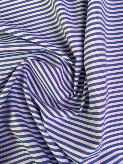 100% Cotton Silky Chambray Stripe Fabric - 58" Wide - Blue & White Mechanical Stretch Woven Shirting - £3.99/m