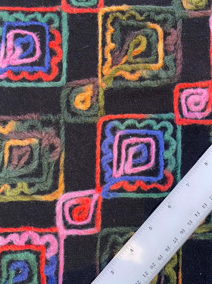 Embroidered Washable Wool - Black/Blue/Pink/Orange - 59"Wide - Sold By The Metre