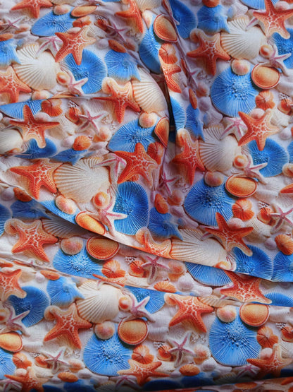 Little Johnny 100% Cotton - Starfish - Blue/Cream/Orange - 60" Wide - Sold By The Metre