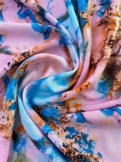 Pink & Blue Marble Geode Abstract Print Fabric - Gold Ochre Swirl Dressmaking Fabric - Extra Wide 57" By The Metre