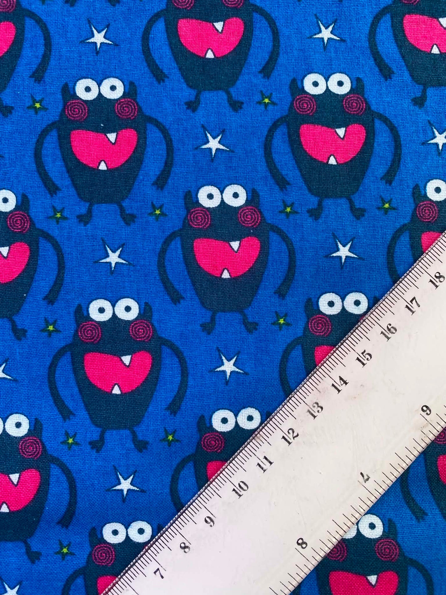 CLEARANCE - Cute Little Monster Print Fabric – Blue, Black & Bright Pink 100% Cotton (44" Wide)