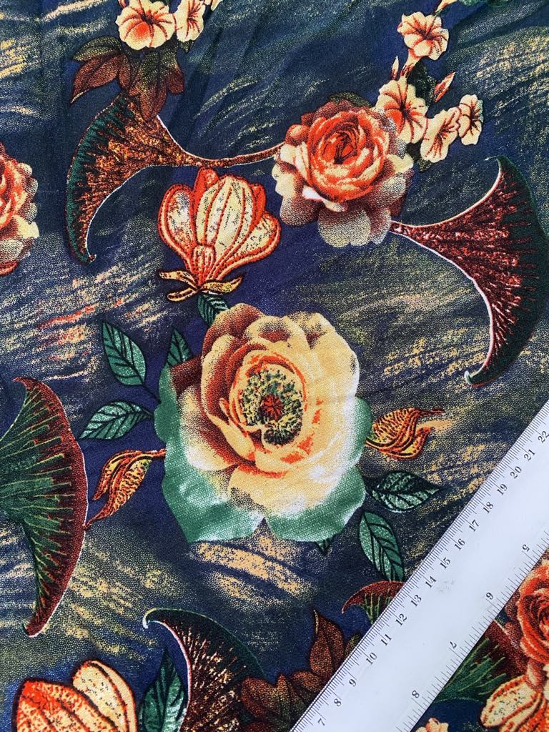 Viscose - Navy/Green/Yellow/Orange - 57" Wide - Sold By The Metre