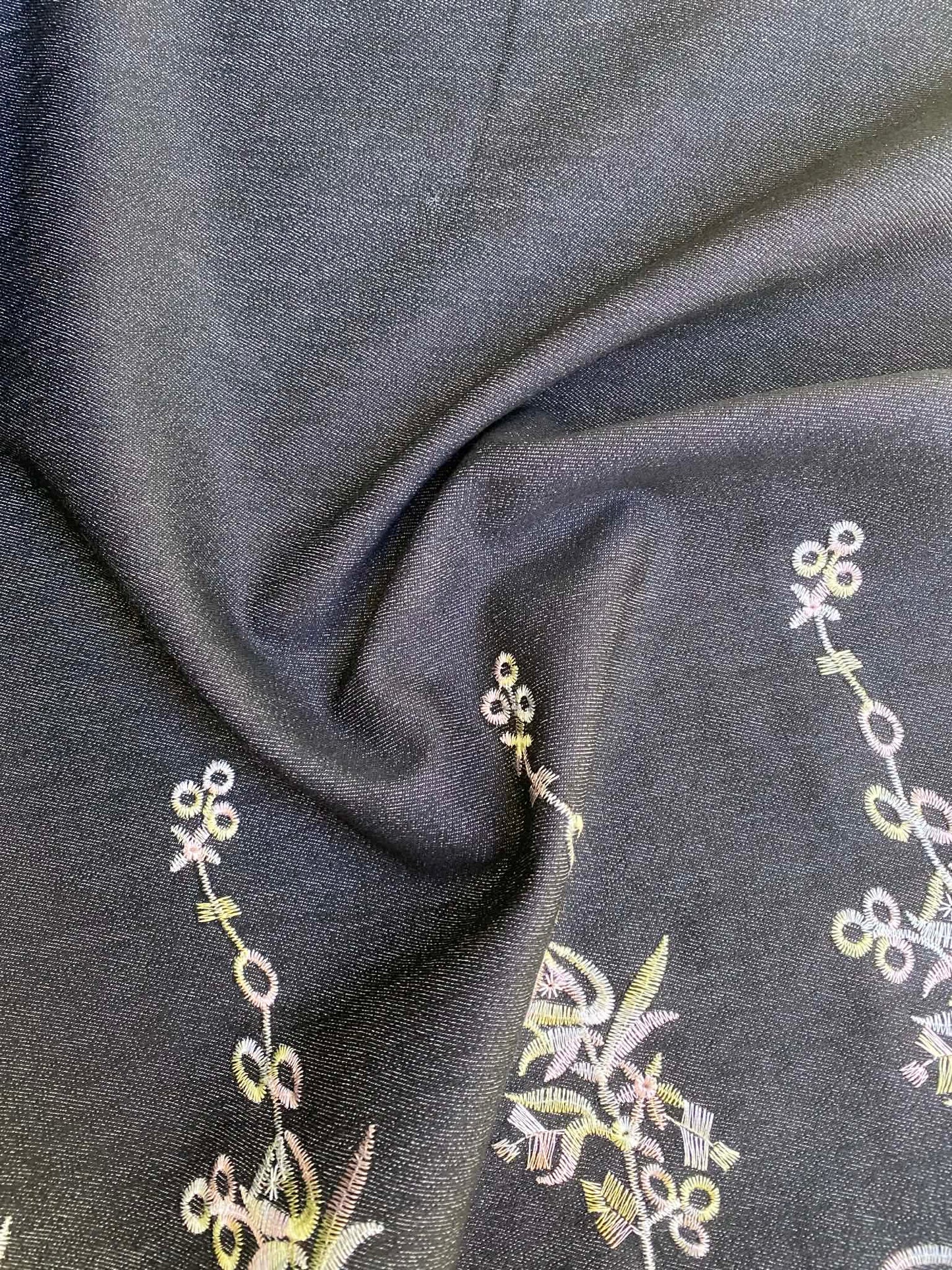 Multi-Colour Floral Embroidered Stretch Denim - 59" Wide - Double Bordered - £3.99/m