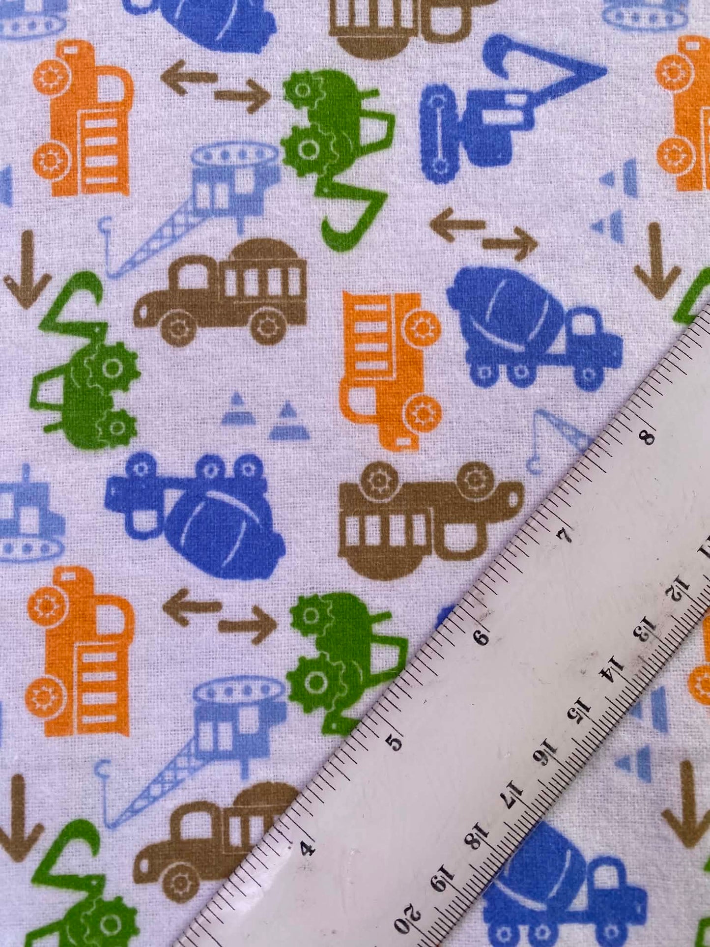 CLEARANCE - Construction Trucks Printed Brushed Cotton Fabric – White / Multi – 42" (106cm) Wide