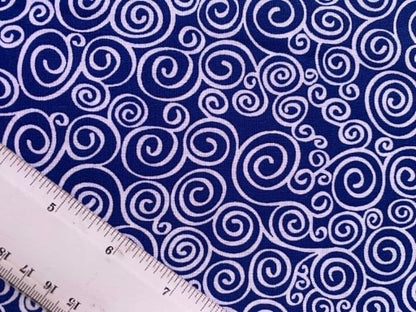Navy and White Swirl Print 100% Cotton Fabric - 44/45" Wide - By The Metre