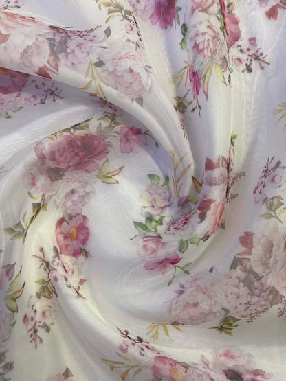 Organza Floral - Pink/White/Green/Yellow - 57"Wide - Sold By The Metre