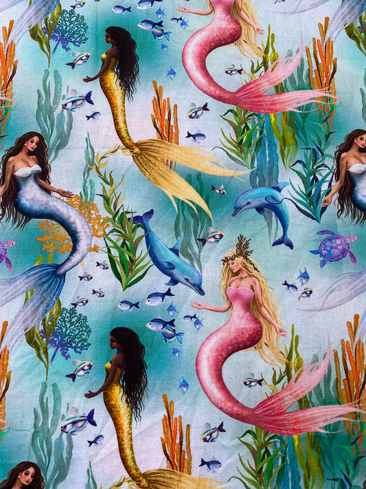 Magical Underwater Mermaid 100% Cotton Fabric - Ocean Dolphin & Sea Turtle - 44" Wide By The Metre