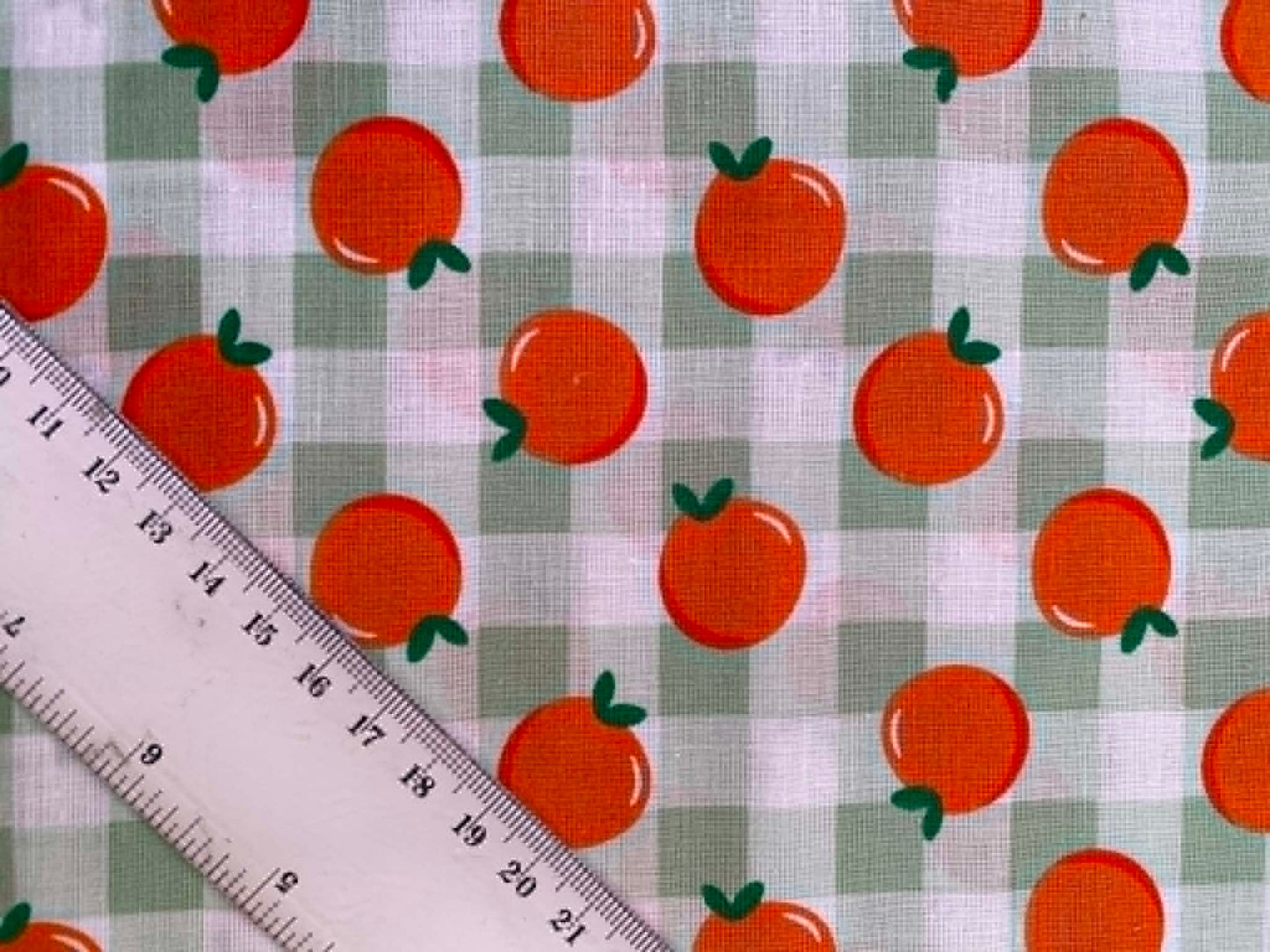 Sage Green Gingham & Orange 100% Cotton Fabric - Citrus Fruit - 44" Wide By The Metre