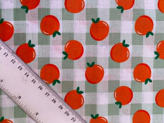 Sage Green Gingham & Orange 100% Cotton Fabric - Citrus Fruit - 44" Wide By The Metre