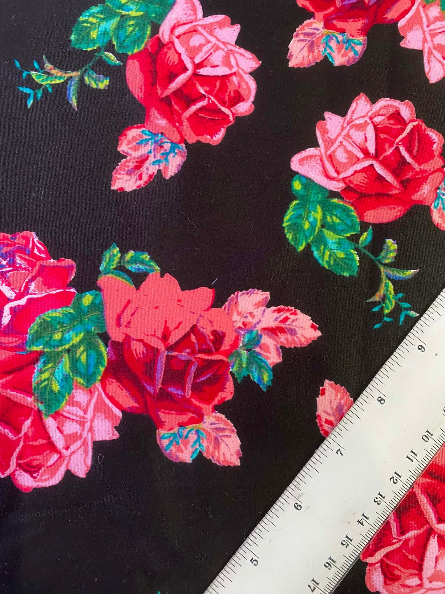 Floral Cotton Sateen Fabric - Black/Pink/Green - 58" Wide - Luxury Dressmaking Material - £3.99/m