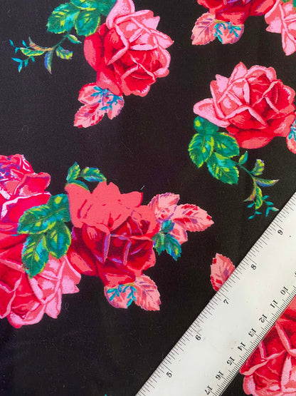 Floral Cotton Sateen Fabric - Black/Pink/Green - 58" Wide - Luxury Dressmaking Material - £3.99/m