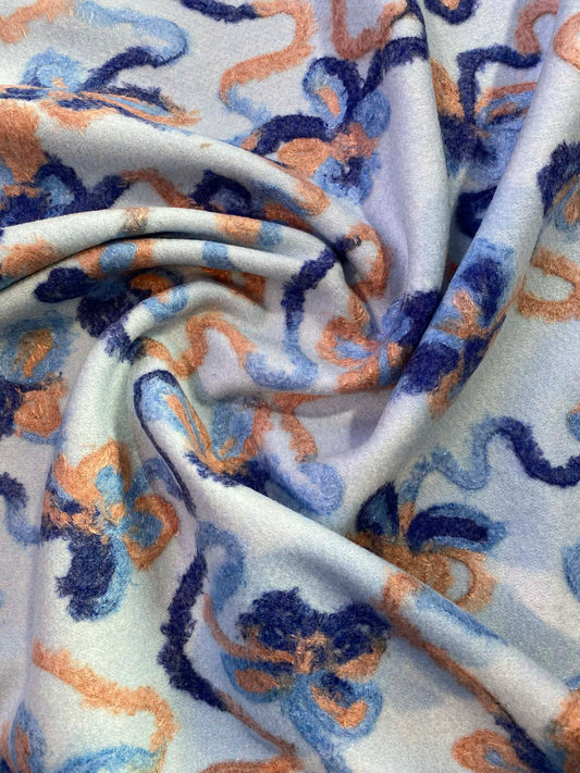 Embroidered Washable Wool - Baby Blue/Peach/Navy - 56"Wide - Sold By The Metre