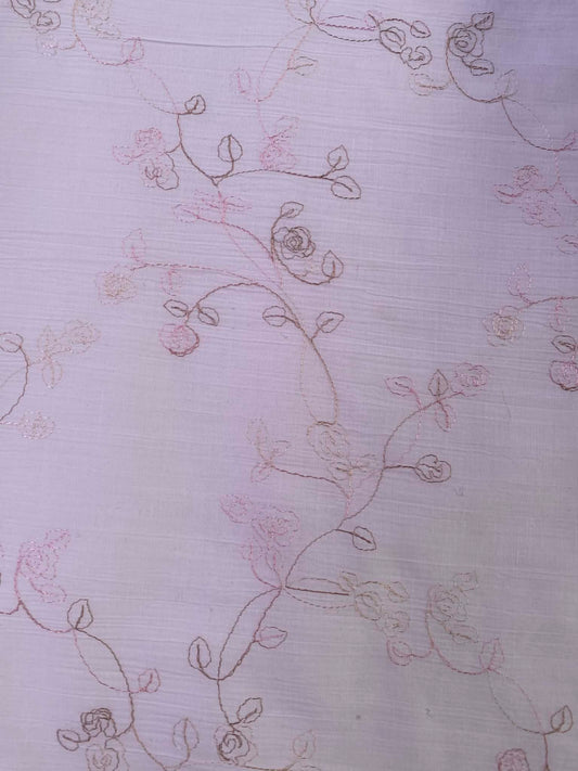 Luxury Embroidered Polycotton - 53" Wide - White/Brown/Soft Pink Rose Vine - Lilac-Pink Slub Texture
