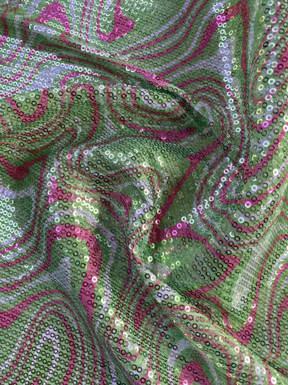 Poly Jersey on Sequins - Pink/White/Green - 52"Wide - Sold By The Metre