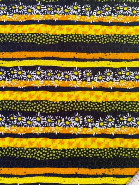 Black & Yellow Honeycomb Daisy Stripe 100% Cotton Fabric - Bumblebee Garden - 44" Wide By The Metre