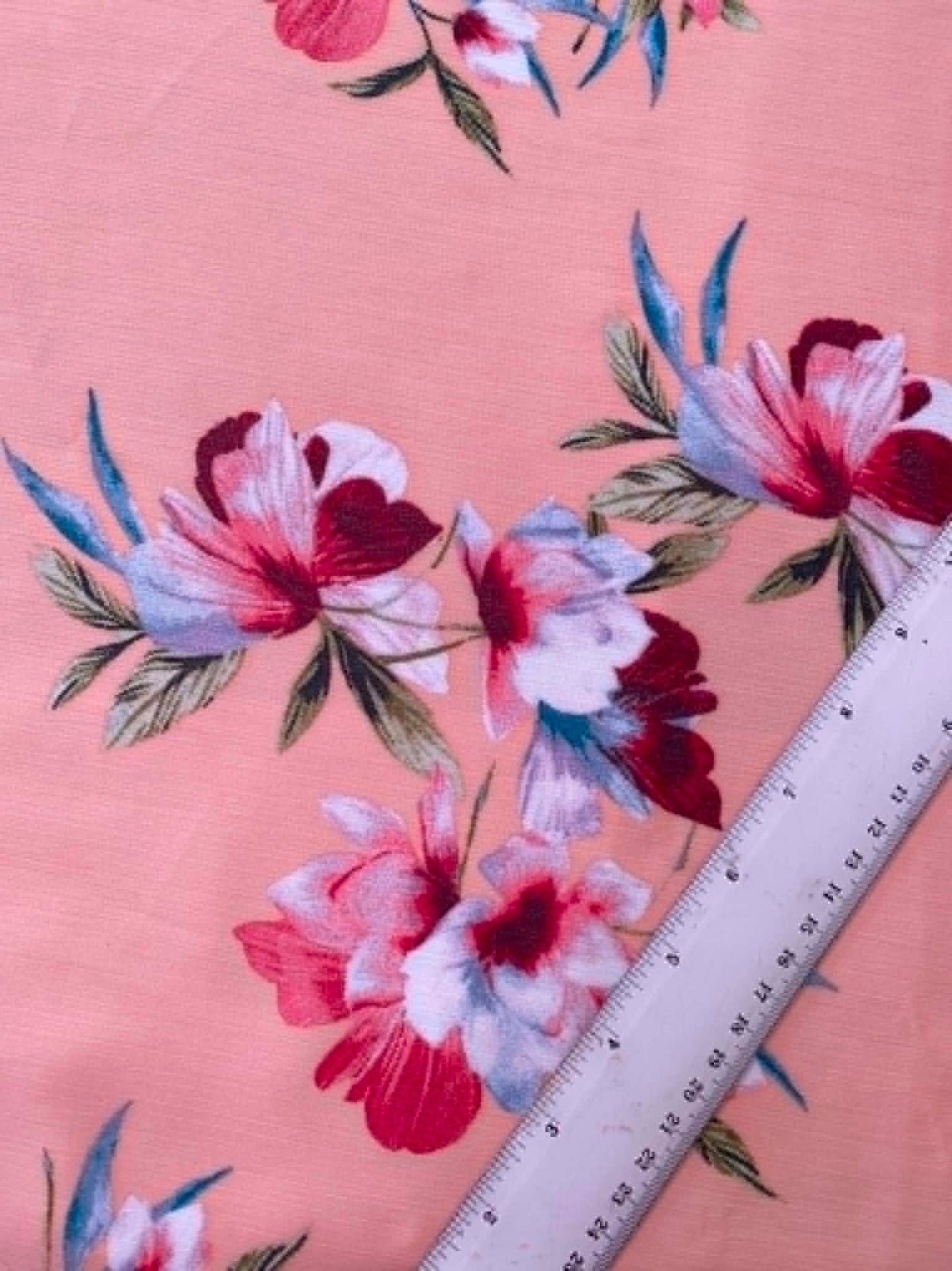 Peach Floral Chiffon Crepe Fabric - Red, Green, and White Watercolor Flowers - Non-Stretch By The Metre