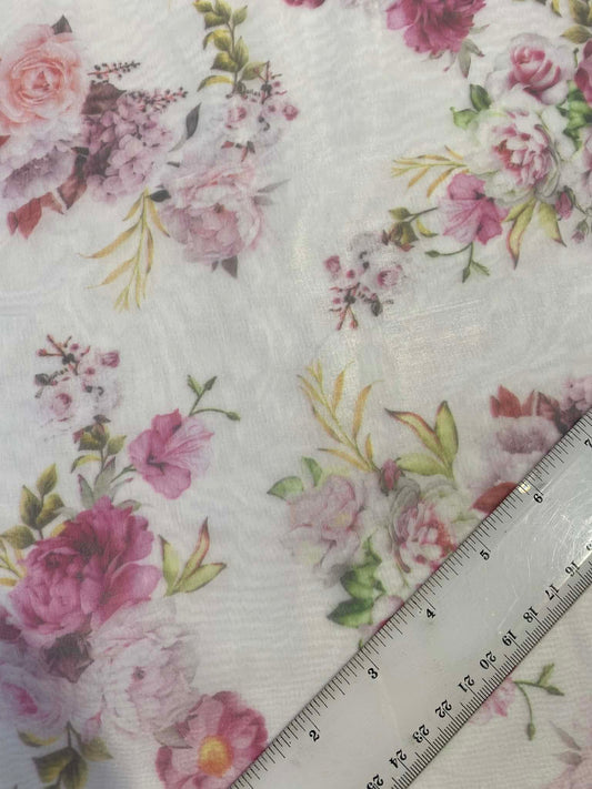 Organza Floral - Pink/White/Green/Yellow - 57"Wide - Sold By The Metre