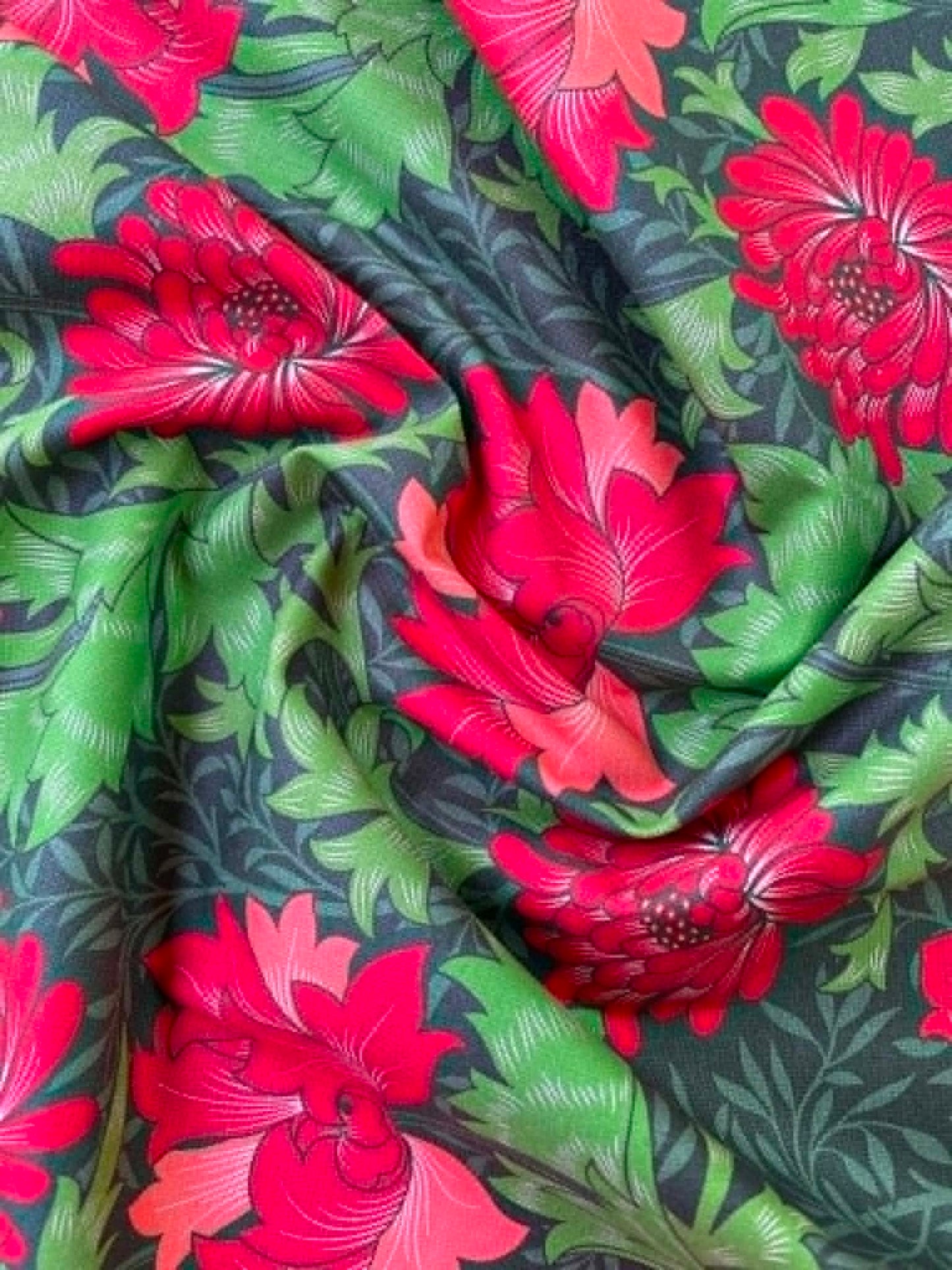 William Morris Inspired Chrysanthemum Floral 100% Cotton Fabric - Red & Forest Green Botanical - 44/45" Wide By The Metre