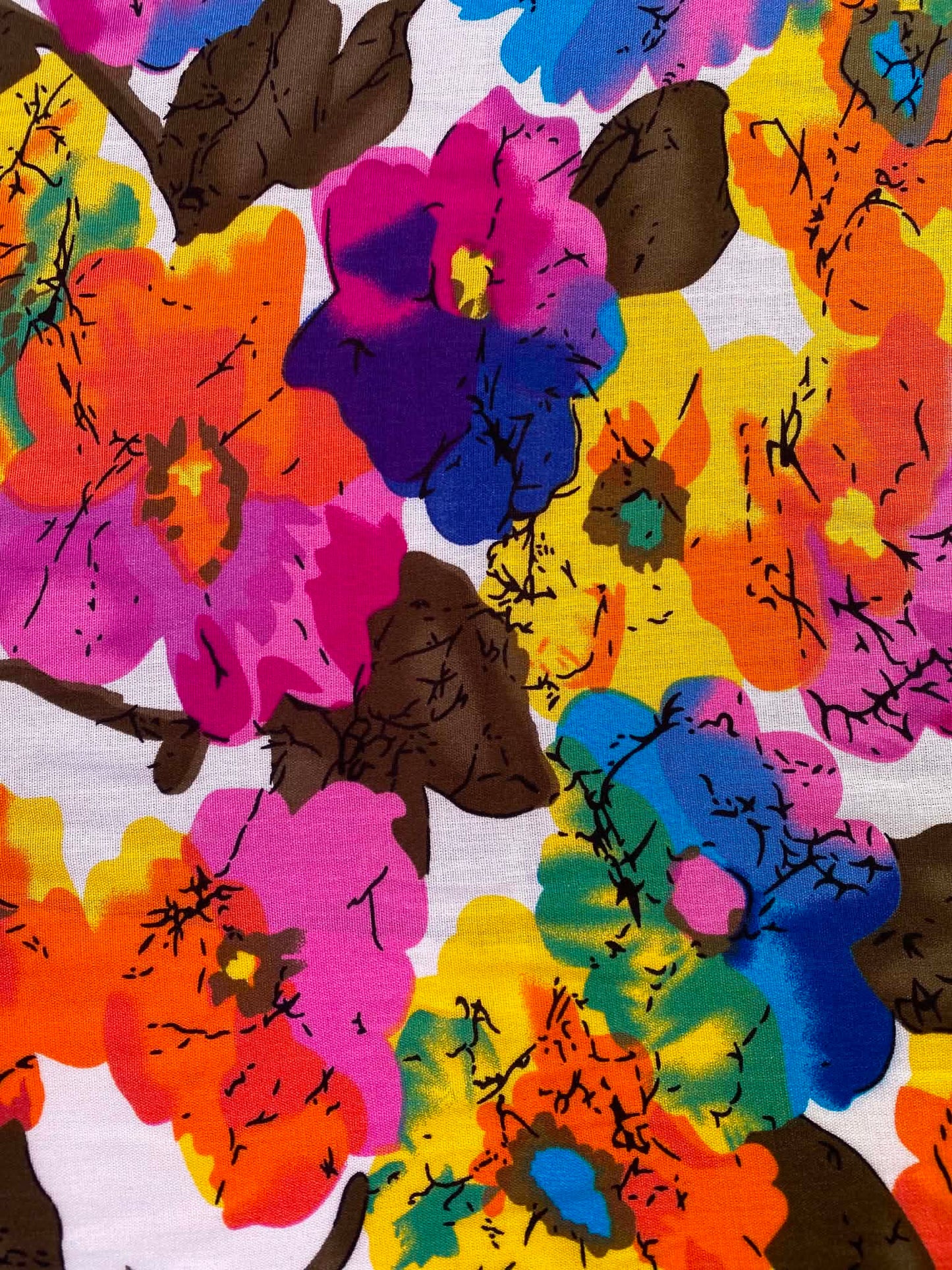 Retro Bright Painterly Floral 100% Viscose Fabric - Pink, Blue & Orange Floral Dressmaking Fabric - Extra Wide 57" By The Metre