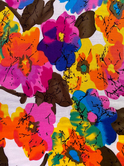Retro Bright Painterly Floral 100% Viscose Fabric - Pink, Blue & Orange Floral Dressmaking Fabric - Extra Wide 57" By The Metre